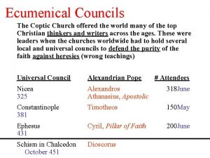 Ecumenical Councils The Coptic Church offered the world