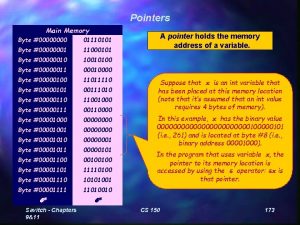 Pointers Main Memory Byte 0000 01110101 Byte 00000001