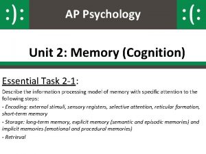 AP Psychology Unit 2 Memory Cognition Essential Task