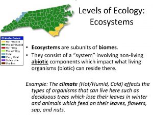 Levels of Ecology Ecosystems Ecosystems are subunits of