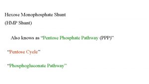 Hexose Monophosphate Shunt HMP Shunt Also knows as Hexose Monophosphate Shunt HMP Shunt Also knows as