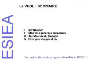 ESIEA Le VHDL SOMMAIRE I II IV Introduction