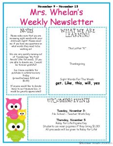 November 9 November 13 Mrs Whelans Weekly Newsletter