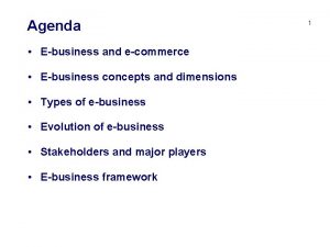 Agenda Ebusiness and ecommerce Ebusiness concepts and dimensions