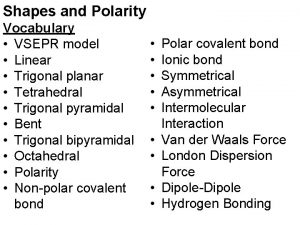 Shapes and Polarity Vocabulary VSEPR model Linear Trigonal