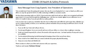 COVID19 Health Safety Protocols New Message from Craig