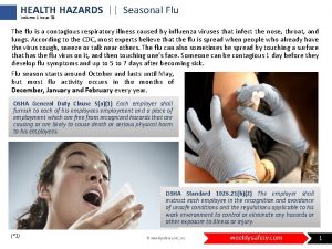 HEALTH HAZARDS Seasonal Flu Volume 1 Issue 38