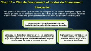 Chap 19 Plan de financement et modes de