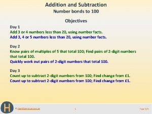 Addition and Subtraction Number bonds to 100 Objectives