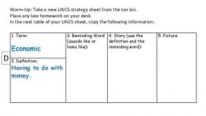 WarmUp Take a new LINCS strategy sheet from