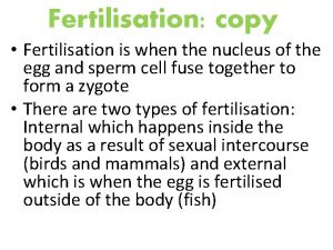 Fertilisation copy Fertilisation is when the nucleus of