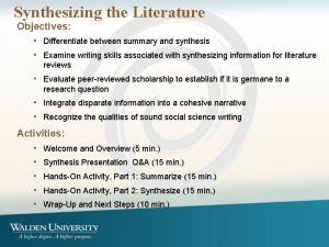 Synthesizing the Literature Objectives Differentiate between summary and