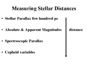 Measuring Stellar Distances Stellar Parallax few hundred pc