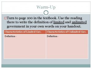 WarmUp Turn to page 100 in the textbook