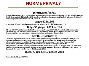 NORME PRIVACY Direttiva 9546CE Rappresenta in quegli anni