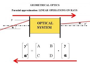 GEOMETRICAL OPTICS Paraxial approximation LINEAR OPERATIONS ON RAYS GEOMETRICAL OPTICS Paraxial approximation LINEAR OPERATIONS ON RAYS
