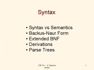 Syntax Syntax vs Semantics BackusNaur Form Extended BNF Syntax Syntax vs Semantics BackusNaur Form Extended BNF