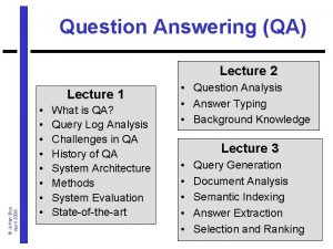 Question Answering QA Lecture 2 Johan Bos April