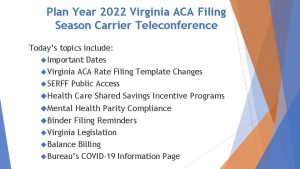 Plan Year 2022 Virginia ACA Filing Season Carrier