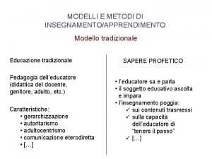 MODELLI E METODI DI INSEGNAMENTOAPPRENDIMENTO Modello tradizionale Educazione