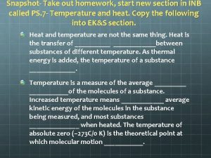 Snapshot Take out homework start new section in