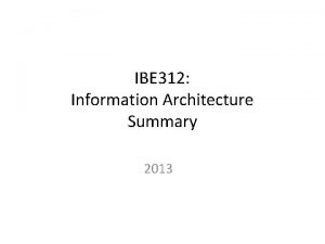 IBE 312 Information Architecture Summary 2013 Information Architecture