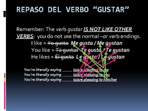 REPASO DEL VERBO GUSTAR Remember The verb gustar