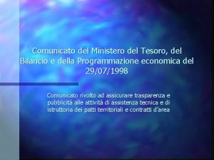 Comunicato del Ministero del Tesoro del Bilancio e