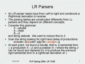 LR Parsers An LR parser reads input from