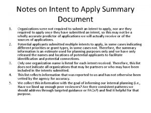Notes on Intent to Apply Summary Document 1