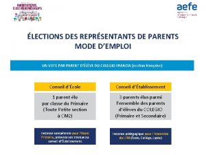 LECTIONS DES REPRSENTANTS DE PARENTS MODE DEMPLOI UN