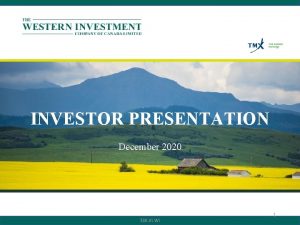INVESTOR PRESENTATION December 2020 TSX V WI 1