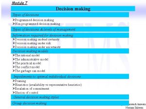 Module 7 Decision making Types of decisions Programmed