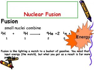 Fusion Nuclear Fusion small nuclei combine 2 H