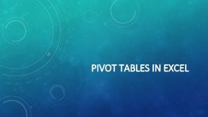 PIVOT TABLES IN EXCEL WHY PIVOT TABLES When