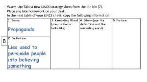 WarmUp Take a new LINCS strategy sheet from