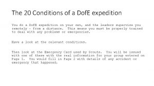 The 20 Conditions of a Dof E expedition