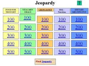 Jeopardy FOOD FOR THOUGHT VITALMINERALS CHOW DOWN MAL