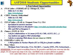 ASP 2010 Students Opportunities ASP 1 Post School