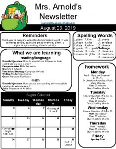 Mrs Arnolds Newsletter klarnoldauburnschools org August 23 2019