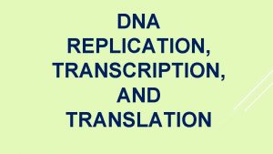DNA REPLICATION TRANSCRIPTION AND TRANSLATION DNA REPLICATION DNA