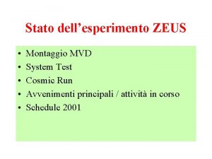 Stato dellesperimento ZEUS Montaggio MVD System Test Cosmic