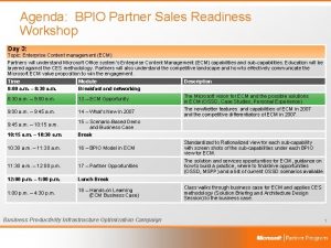 Agenda BPIO Partner Sales Readiness Workshop Day 3