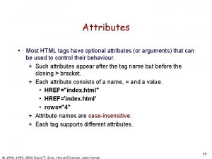 Attributes Most HTML tags have optional attributes or