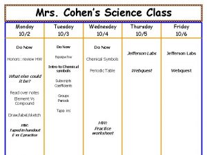 Mrs Cohens Science Class Monday 102 Tuesday 103