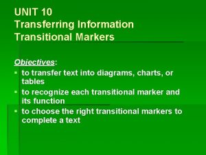 UNIT 10 Transferring Information Transitional Markers Objectives to