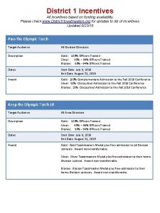 District 1 Incentives All incentives based on funding