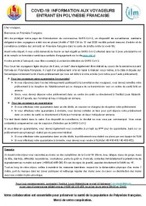 COVID19 INFORMATION AUX VOYAGEURS ENTRANT EN POLYNESIE FRANCAISE