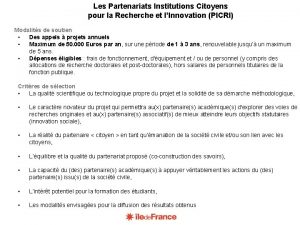 Les Partenariats Institutions Citoyens pour la Recherche et