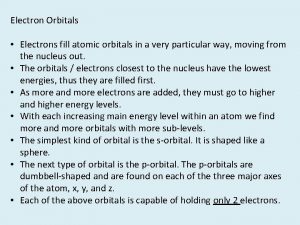 Electron Orbitals Electrons fill atomic orbitals in a